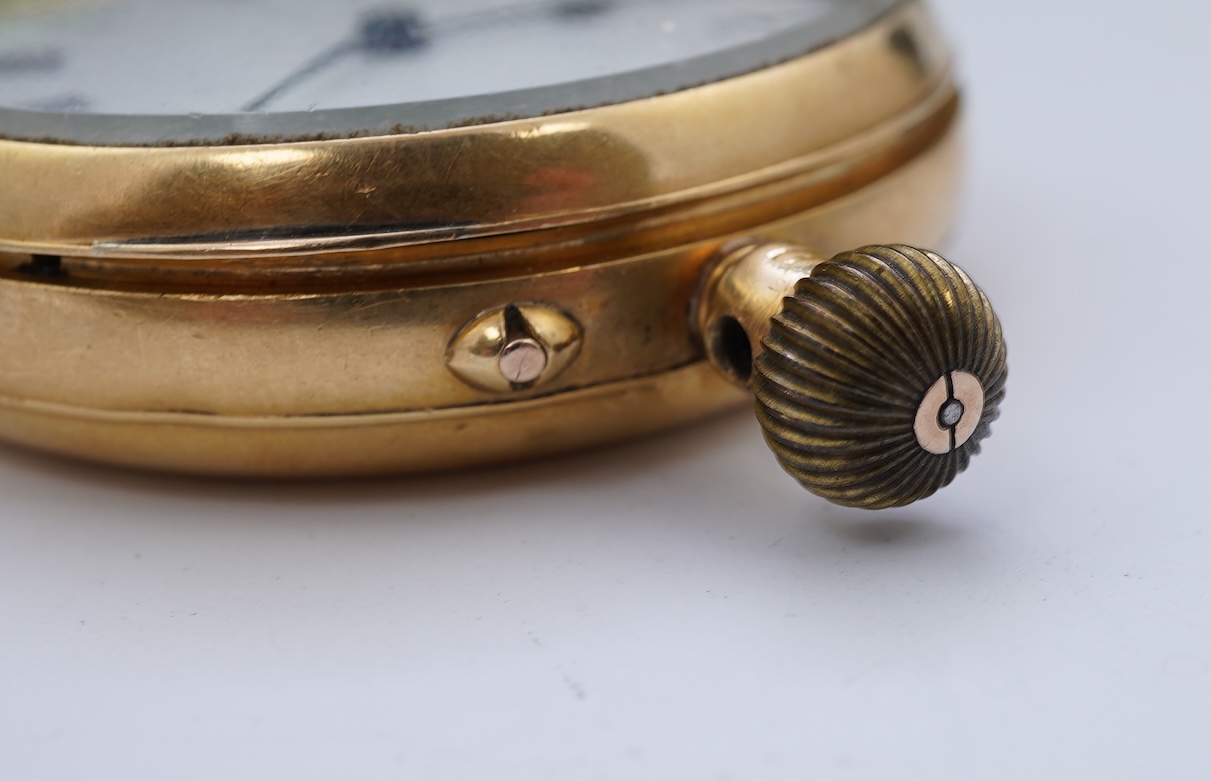 A late Victorian 18ct gold open faced keyless fob watch, by Kemp Brothers